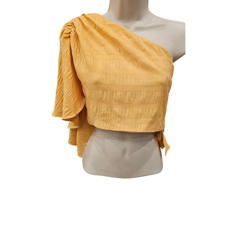 NWT entro summer one shoulder top yellow slub drape toga crop top whimiscal S